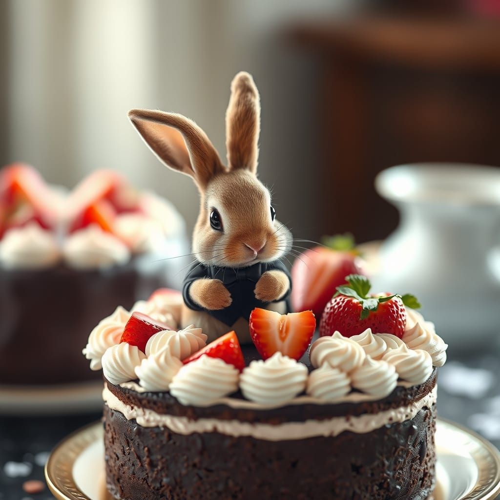 Rabbit on Chocolate Cake in Photorealistic Anime Style