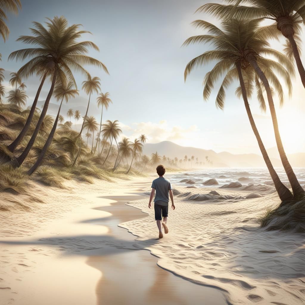 Boy Walks on Sunny Beach: Cinematic HDR Scene