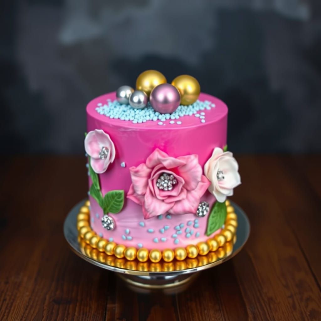 A fuchsia layered floral cake with bling golden pearls aroun...