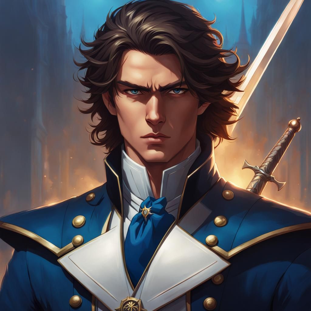 Young Man with Sword Floating in Air