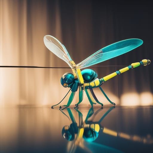 Futuristic Mechanical Dragonfly in Teal and Yellow Lighting