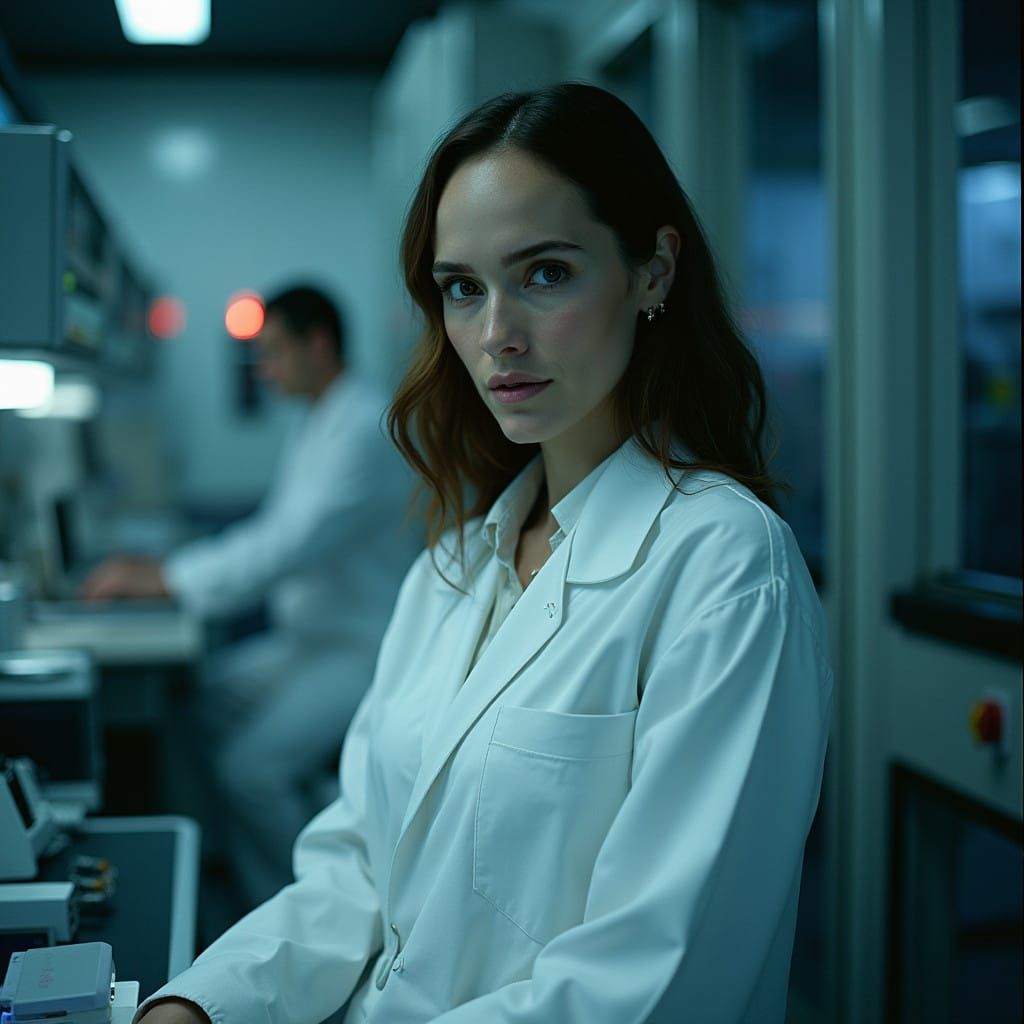 Actress in a Lab Coat, Shot in Film Noir Style