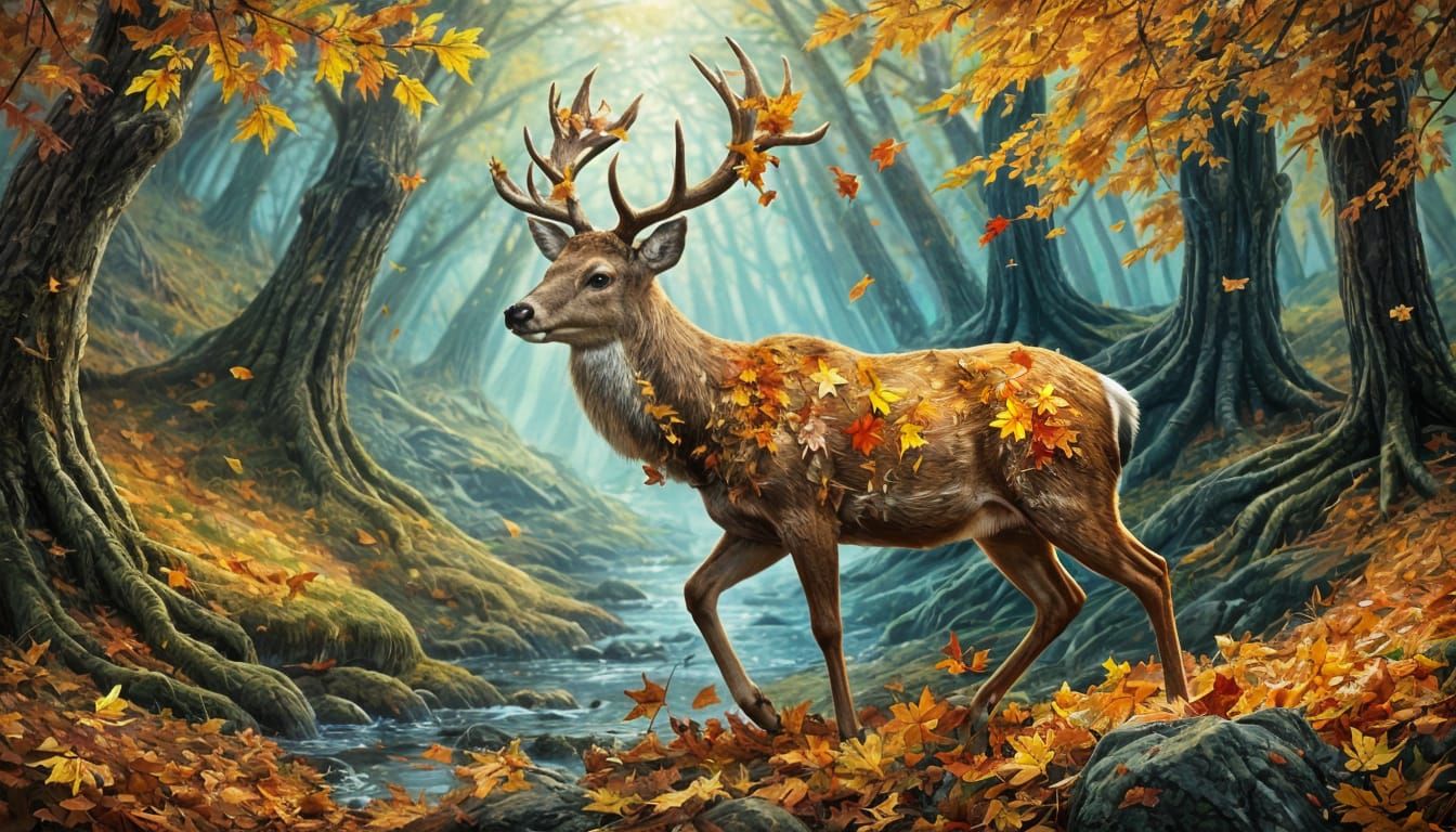 Deer with Autumn Leaves in Visionary Style
