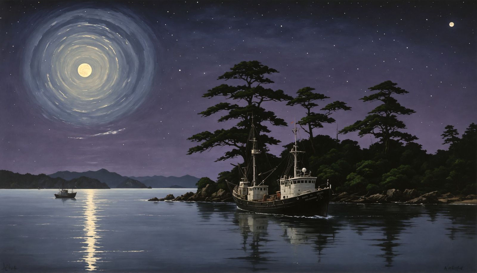 Fishing Trawler at Night: Oil Painting