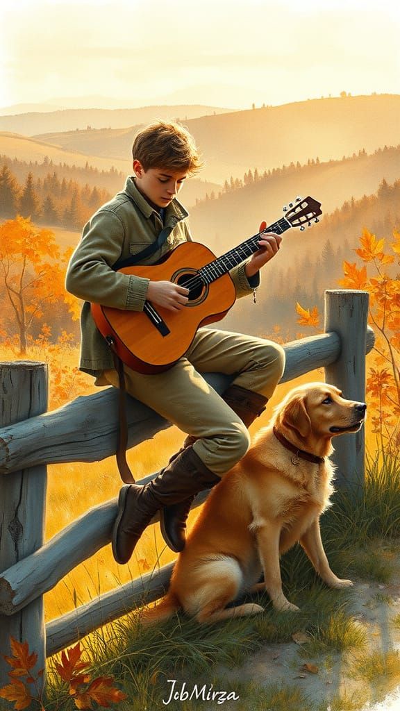 Autumnal Serenade: Man, Dog, and Guitar in Watercolor