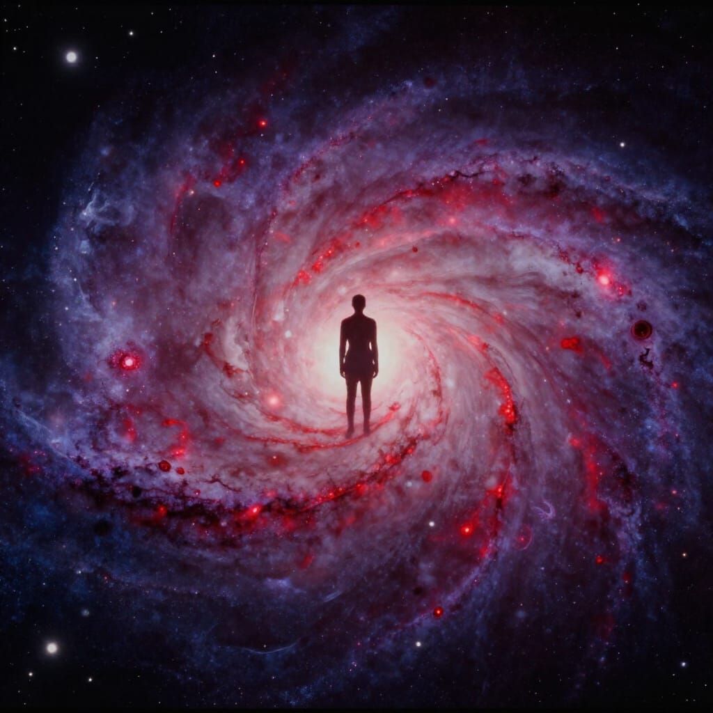 Cosmic Galaxy with Human Silhouette in Purple and Red