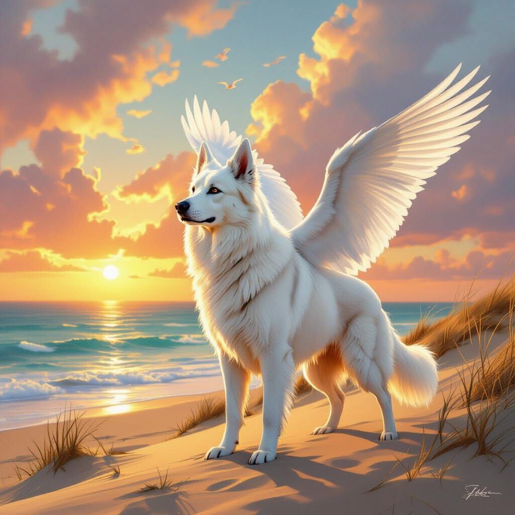 White Shepherd Dog with Seagull Wings at Golden Hour