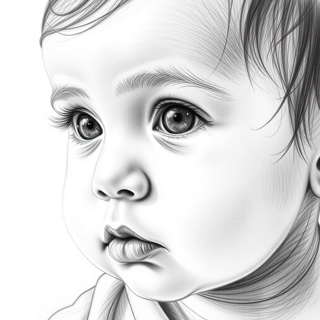 Hyper-Realistic Portrait of a Two-Year-Old Baby in Pencil Dr...
