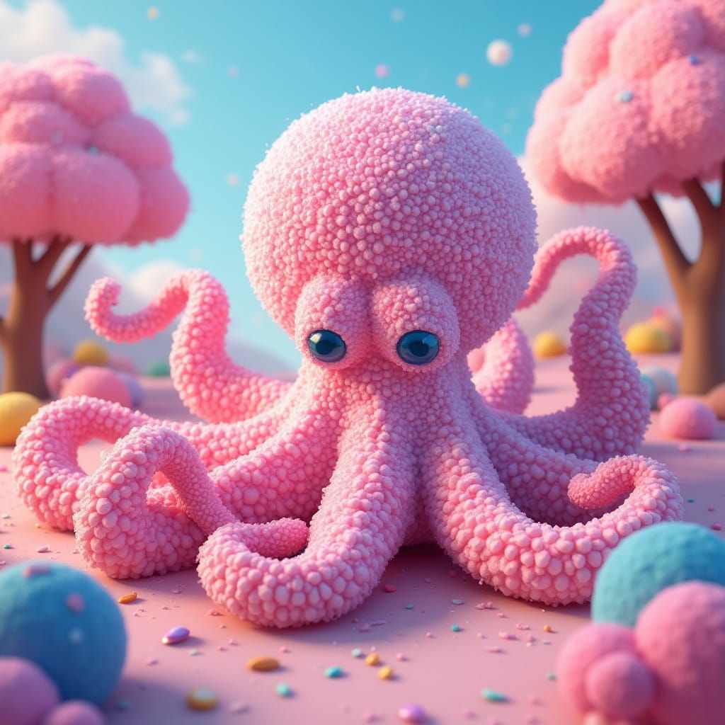 Whimsical Octopus Made of Pompoms in Candy Art Style
