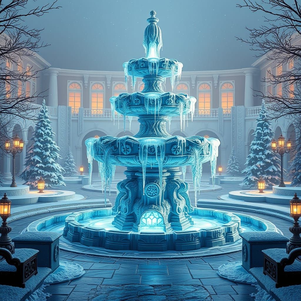 Frozen Majesty: A Serene Ice Fountain in a Winter Wonderland