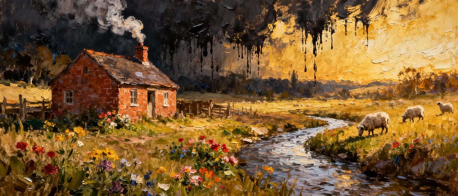 Impressionist Farm Scene with Brick House and Grazing Sheep