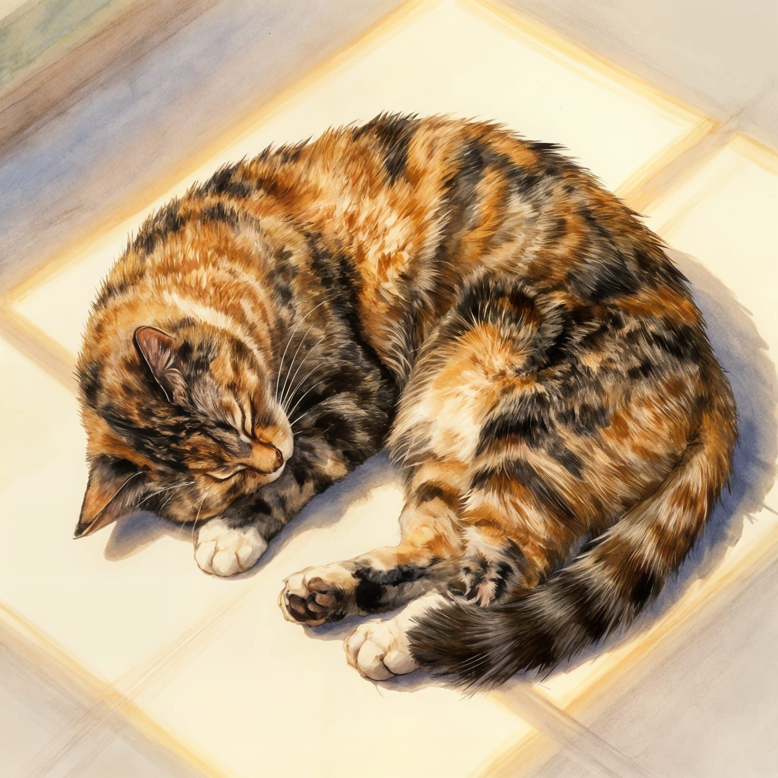 Tortoiseshell Cat Sleeping in a Sunbeam
