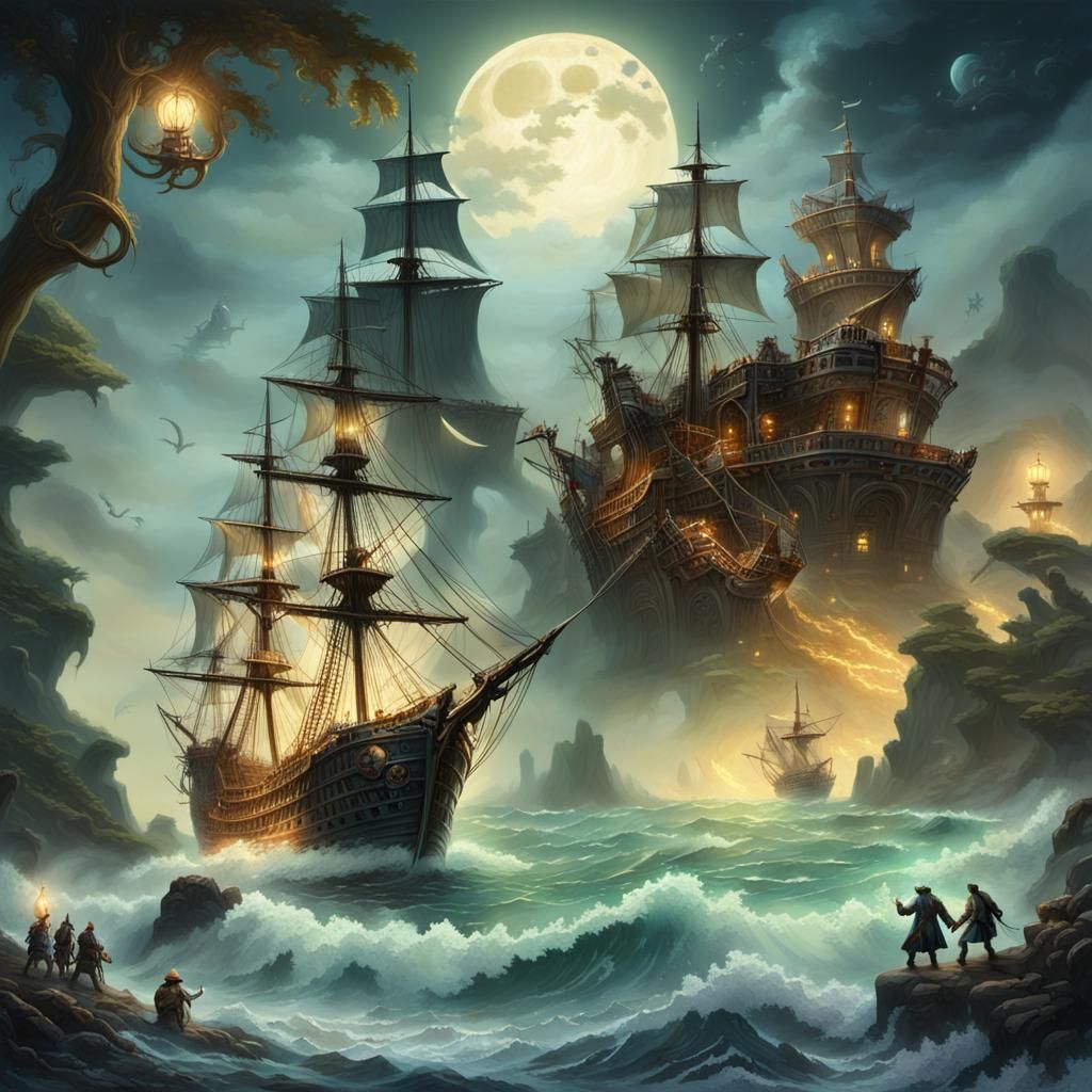 Pirates Battle Kraken on Misty Ocean