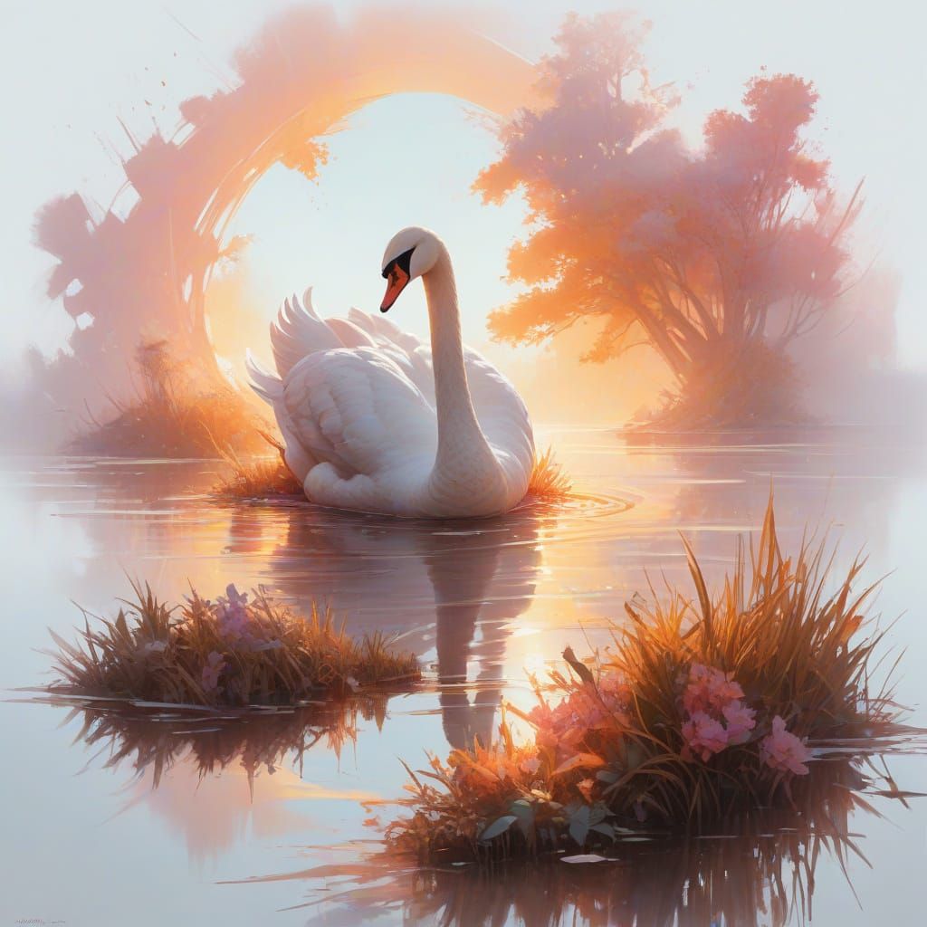 Serene Swan on Glassy Lake at Dawn in Watercolour Style