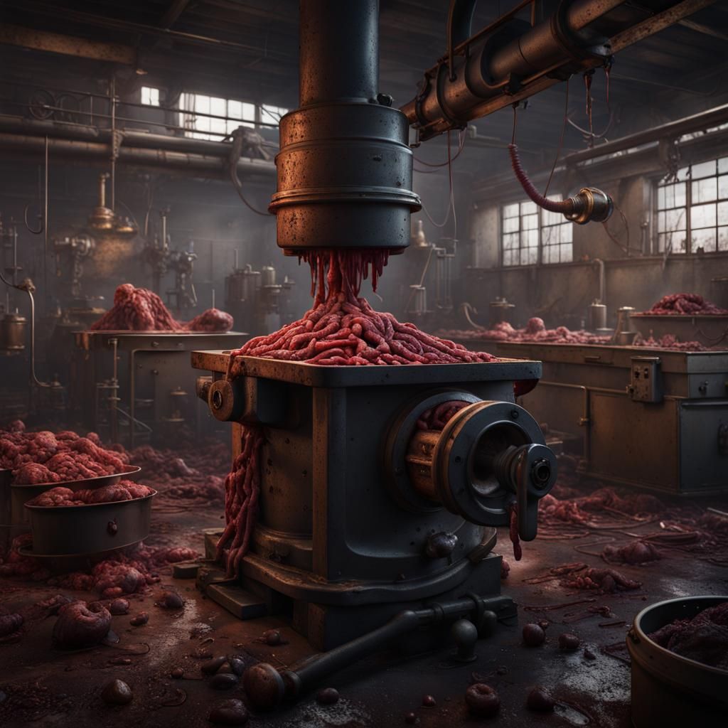 Creepy Meat Factory with Grinder in Dark Fantasy Art