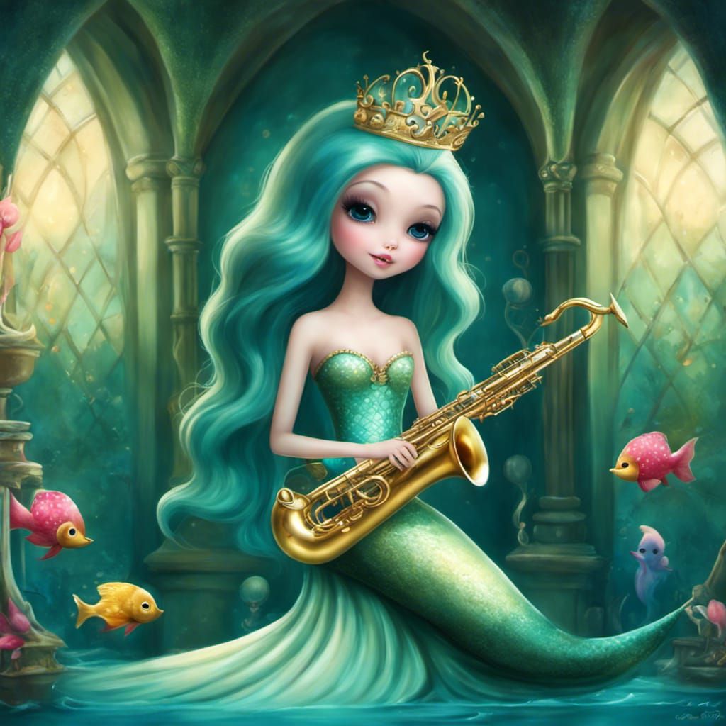Mermaid Princess Plays Saxophone: Surreal Portrait