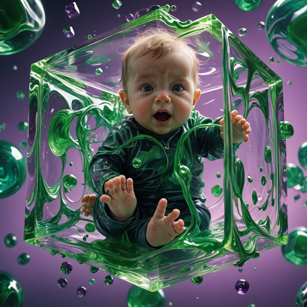 Baby in Green Gelatin Cube: Surreal Sci-Fi Art