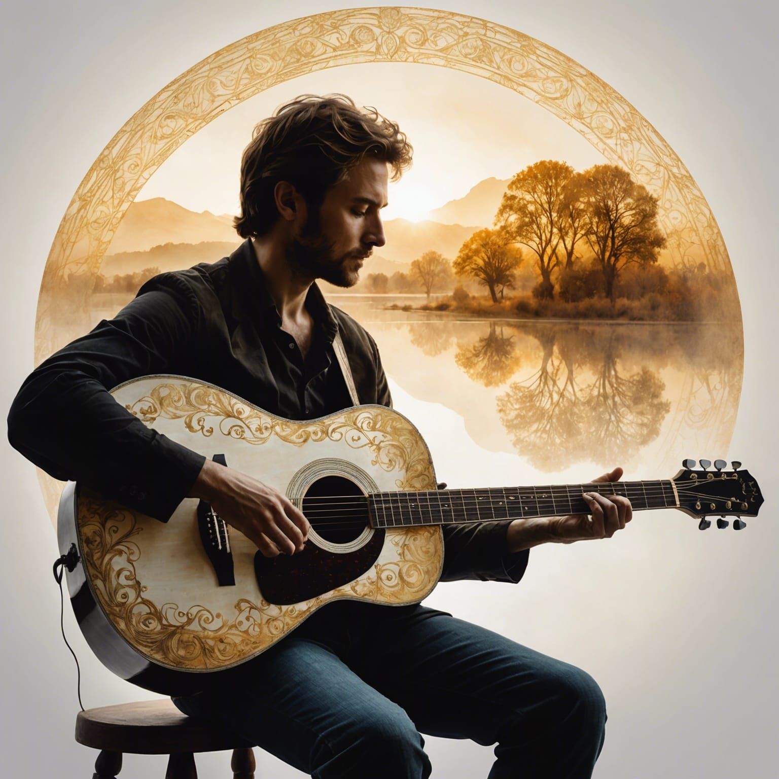 Silhouette Guitarist: Four Seasons in Double Exposure