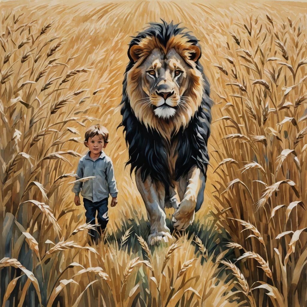 Lion and Boy Walking in Wheat Field, Gouache Style