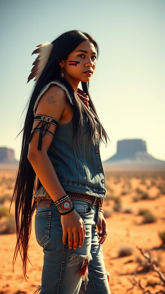 Native American Warrior Woman in Desert Landscape, Rendered ...