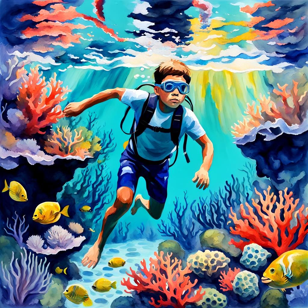 Boy Swimming in Coral Reef as Gouache Painting