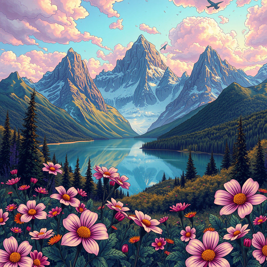 Psychedelic Comic Art: Flowers, Mountains, and Lake