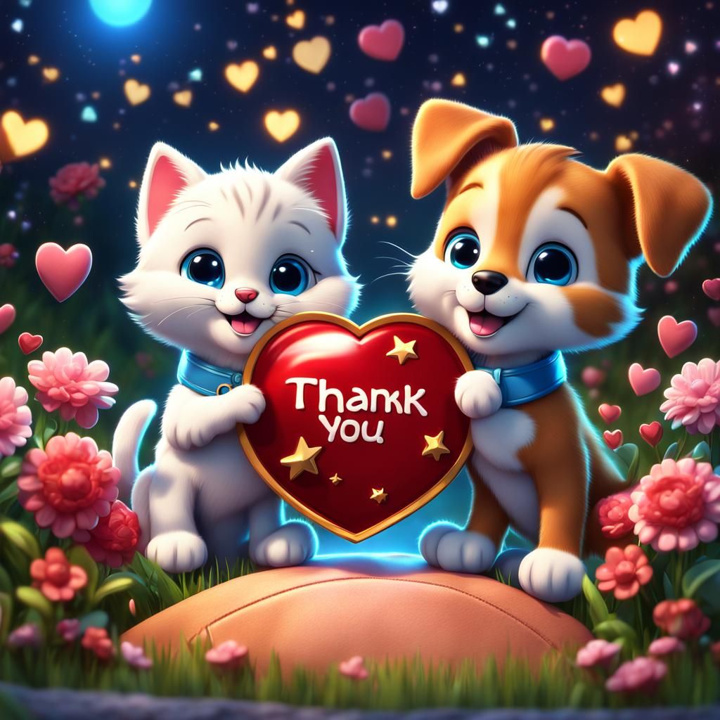 Cute Kitten and Puppy Thank You Cartoon