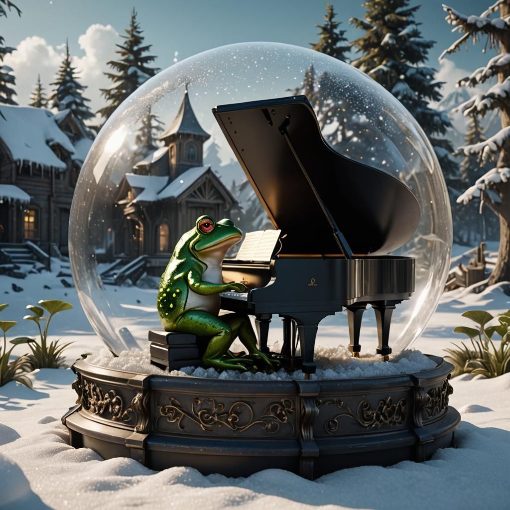 Frog Pianist in Post-Apocalyptic Snow Globe