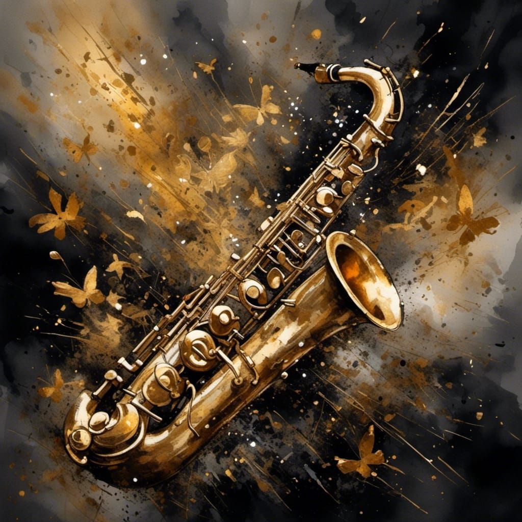 Watercolor Golden Saxophone with Musical Notes