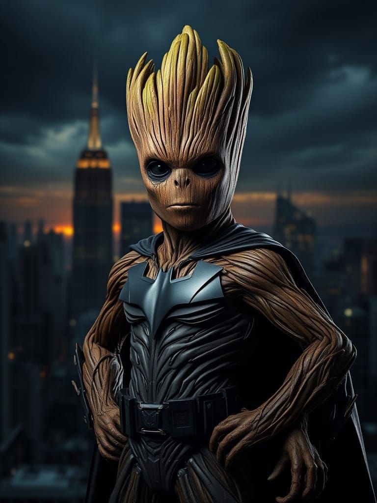 Groot as Dark Knight in Gotham City