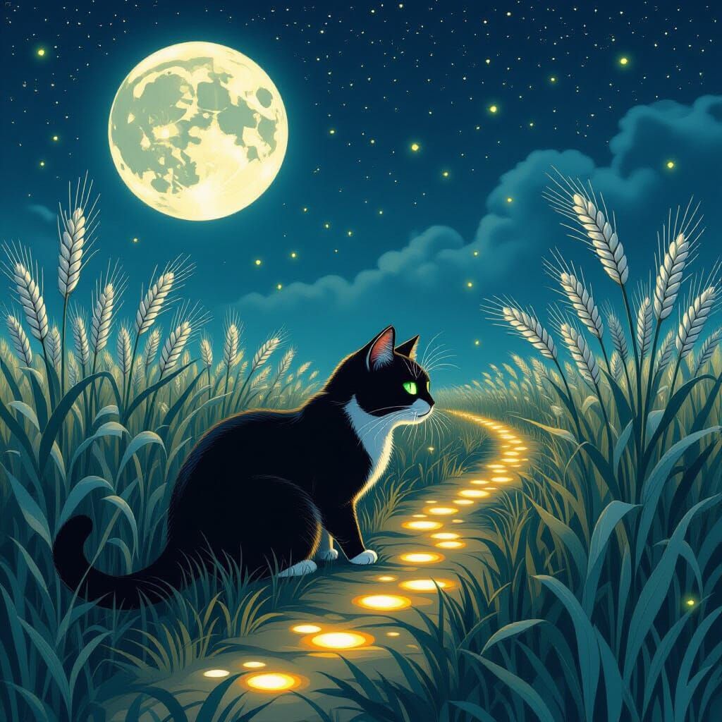 Cat Creeps Through Moonlit Field with Silver Grain