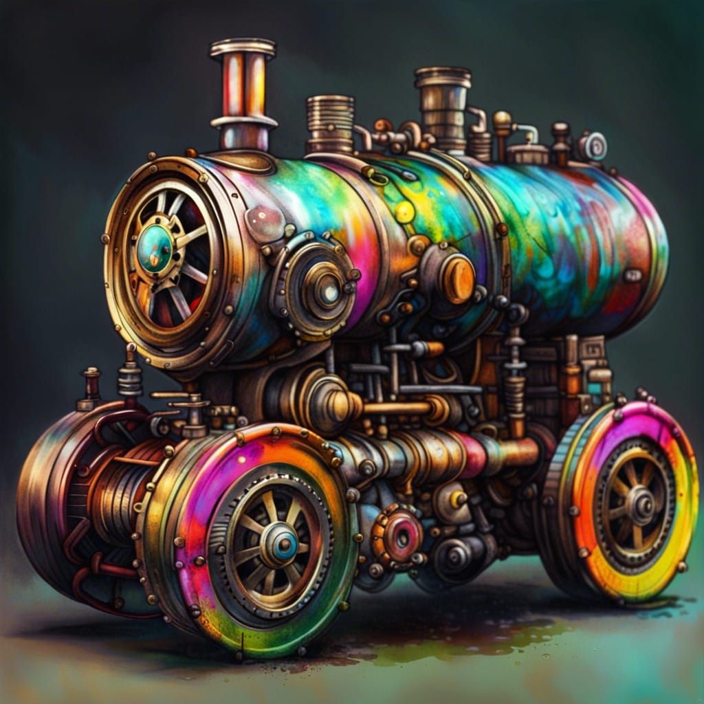 Steampunk Engine with Graffiti Art Wheels