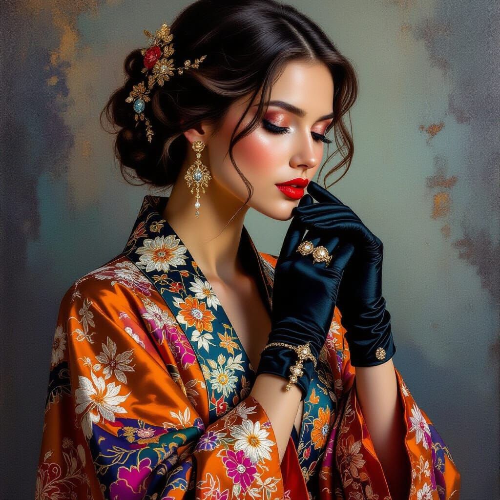 Contemplative Woman in Brocade Robe: Digital Art