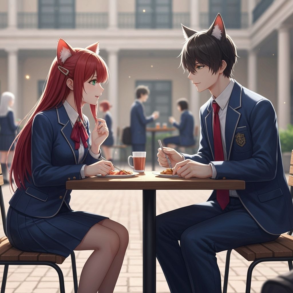 Cat-Eared Students Chat in Courtyard, Hyper-Realistic Style