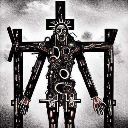 Mechanical God Crying Oil in Apocalyptic Steampunk Style