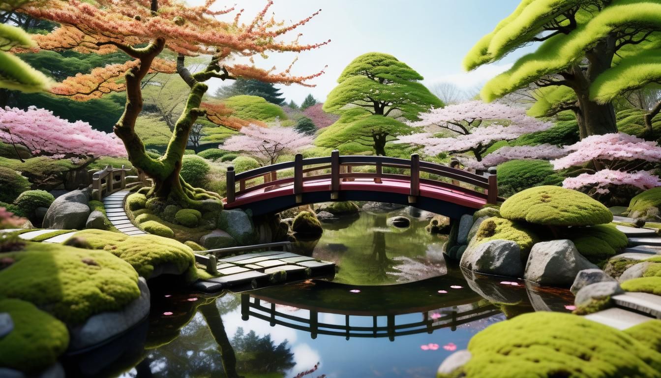 Romantic Japanese Garden with Moss and Maple Trees