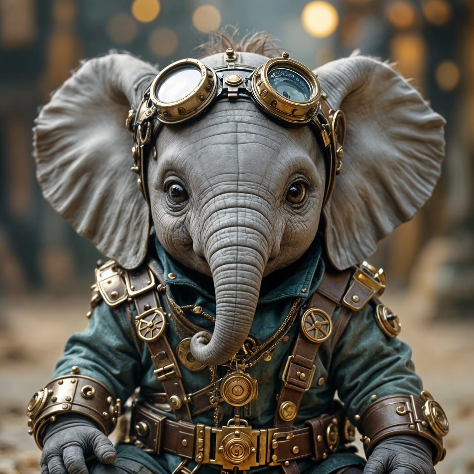 Steampunk Baby Elephant in Goggles and Brass Accents