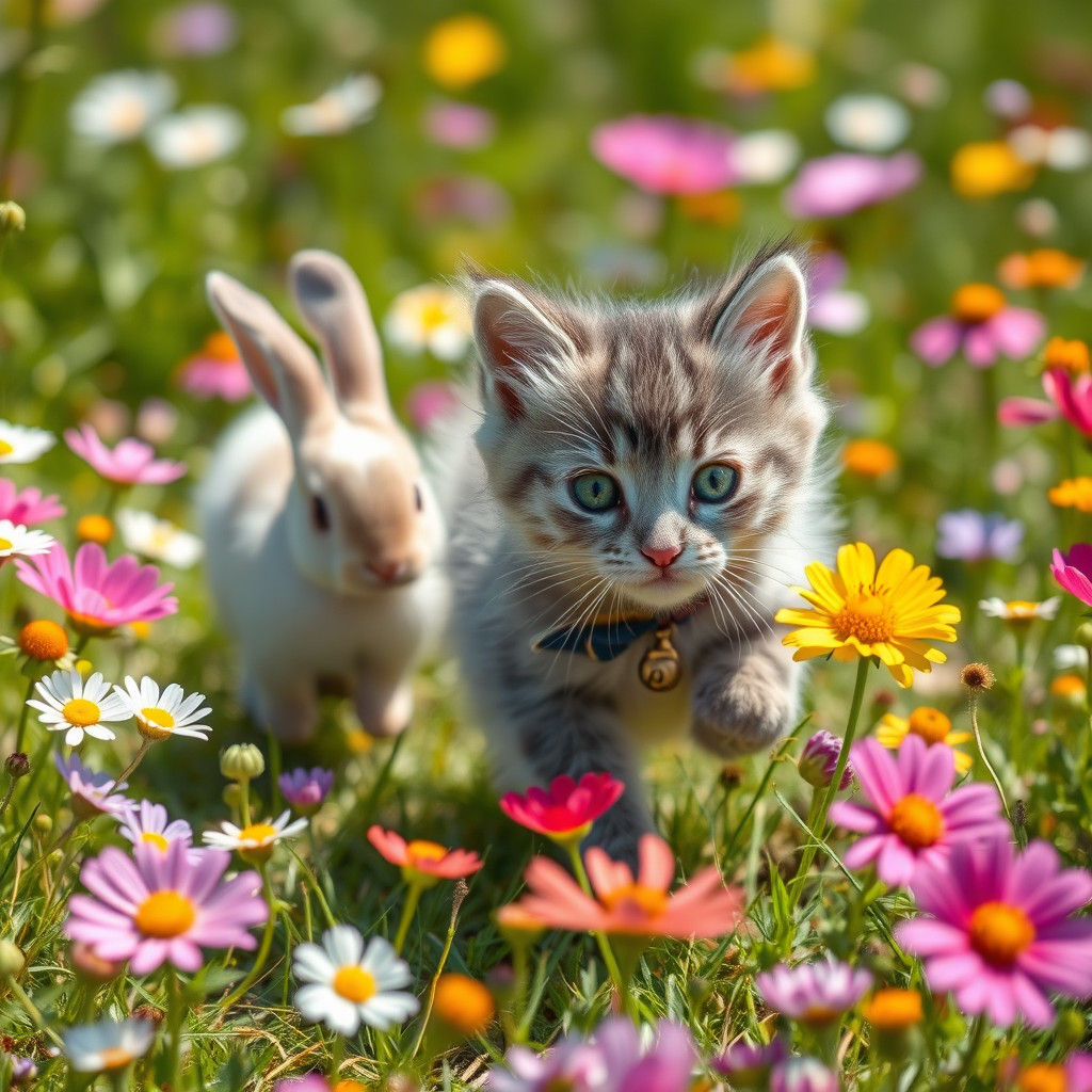 Kitten and Bunny Playing in Wildflower Field