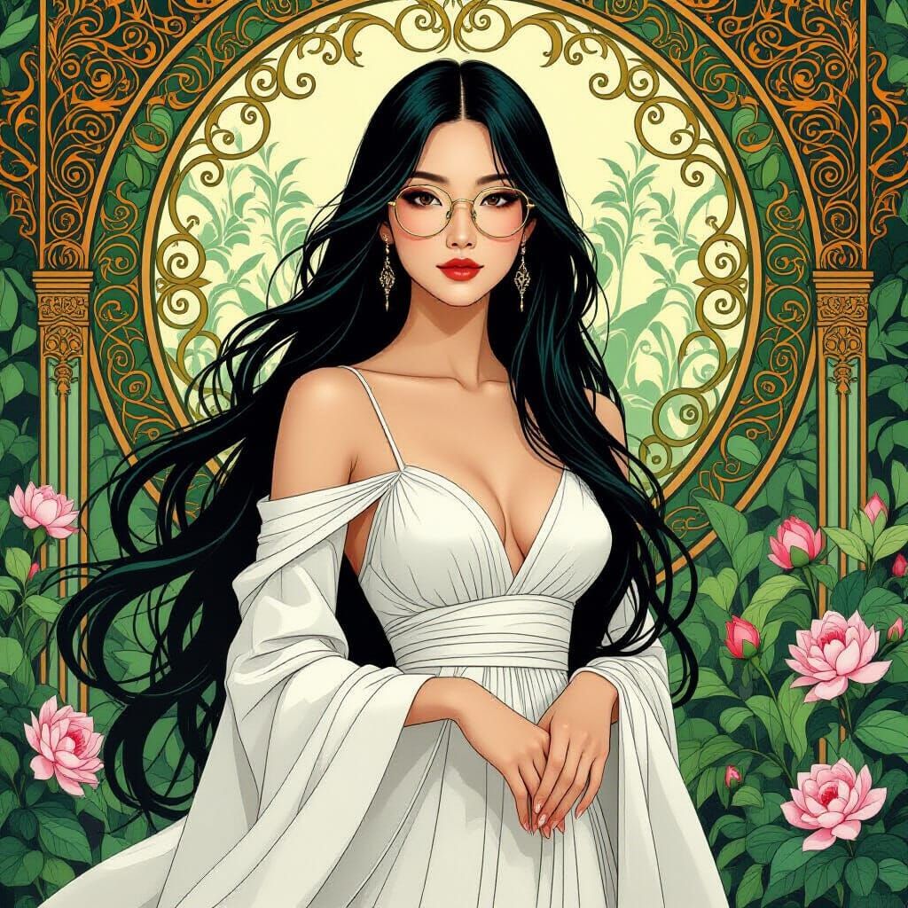 Elegant Asian Woman in Art Nouveau Garden