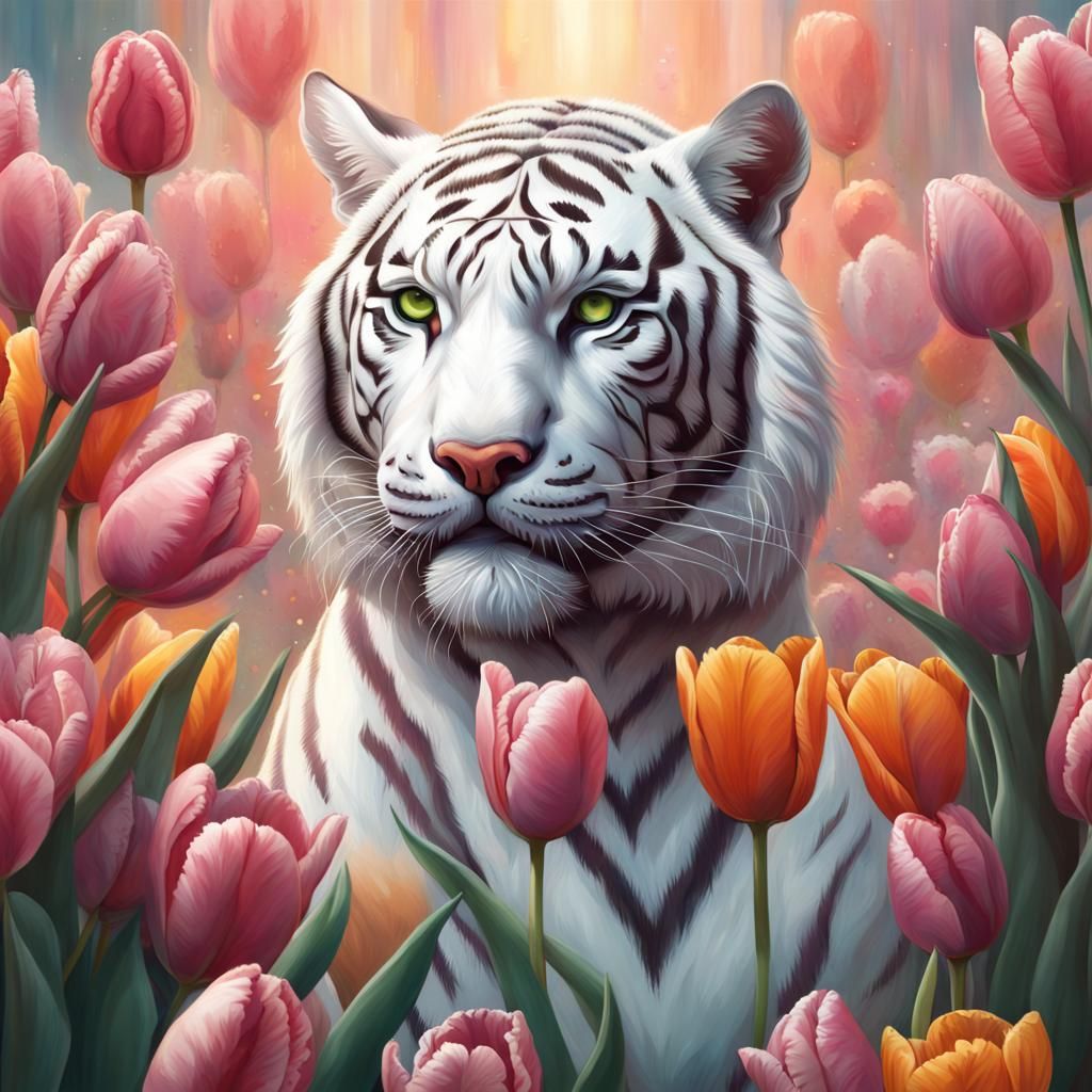 White Tiger Queen Surrounded by Tulips in Splash Art