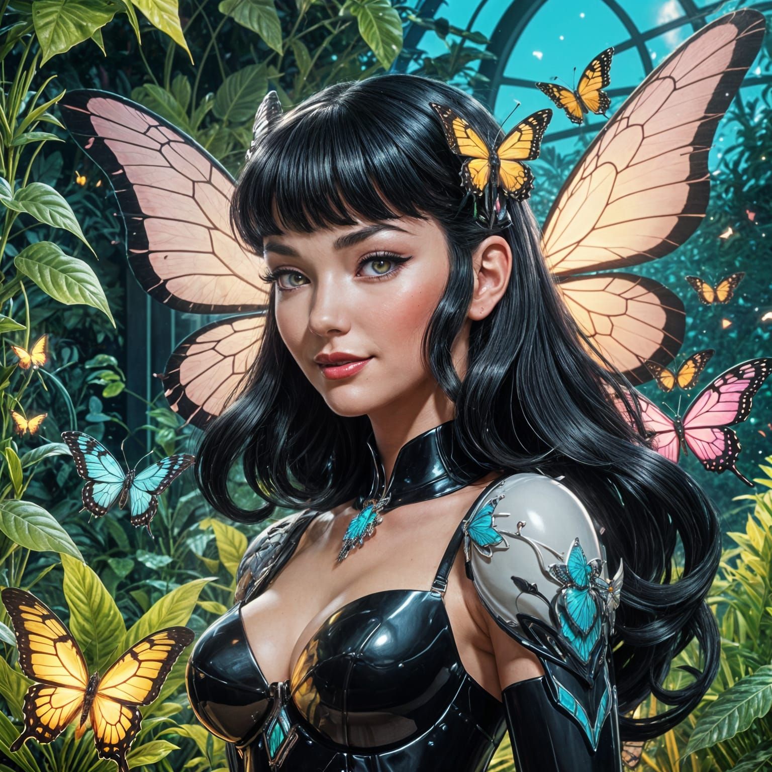 Celestial Woman in Futuristic Garden: Anime Key Visual