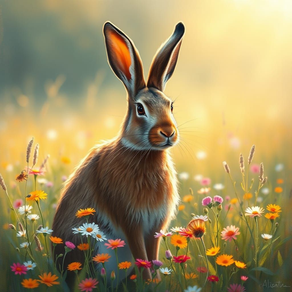 Belgian Hare in Meadow, Impressionist Style