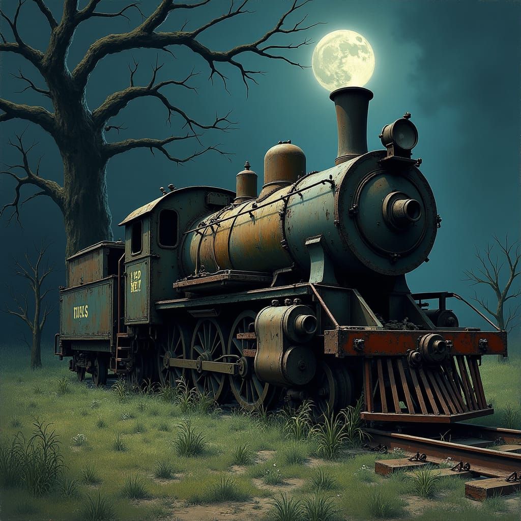 Eerie Abandoned Train on Overgrown Tracks in Gothic Style