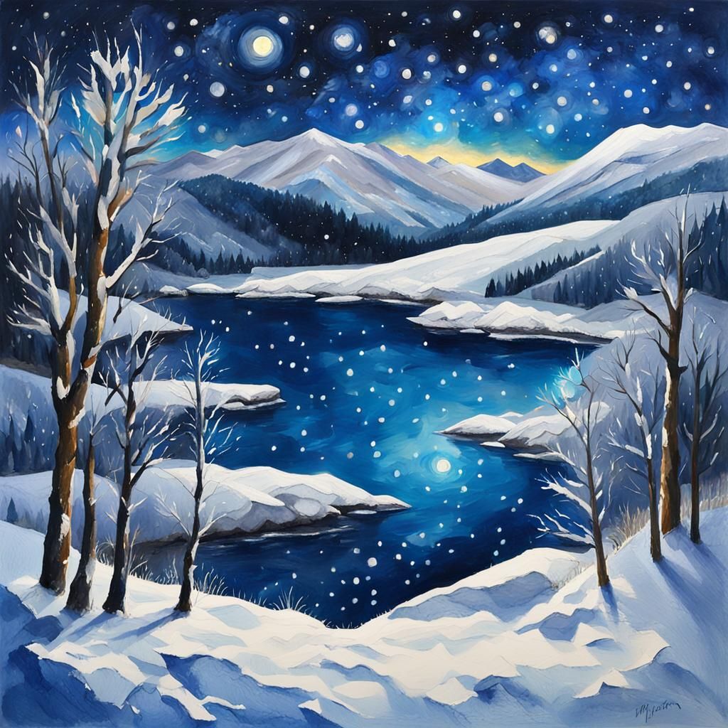 Snowy Valley Under Twinkling Stars as Gouache Painting