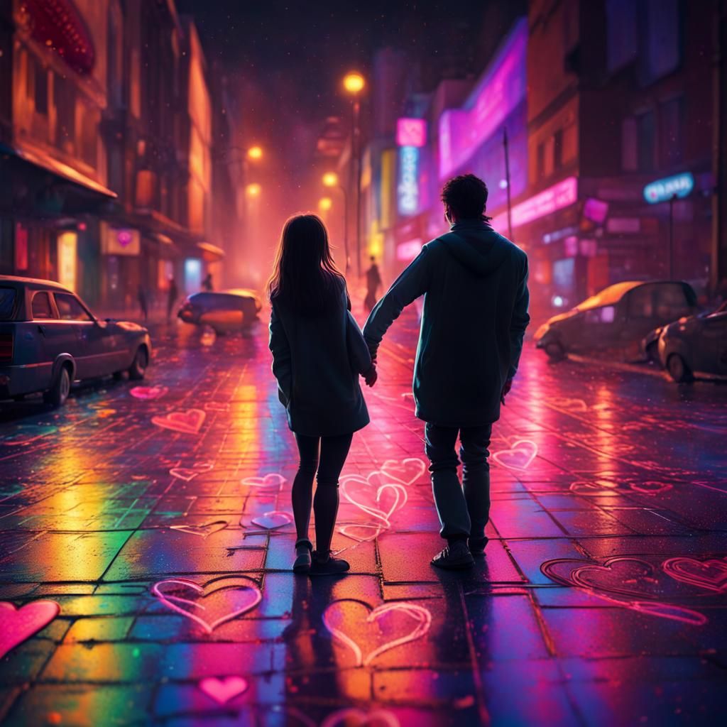 Neon City Street Art: Chalk Hearts at Night