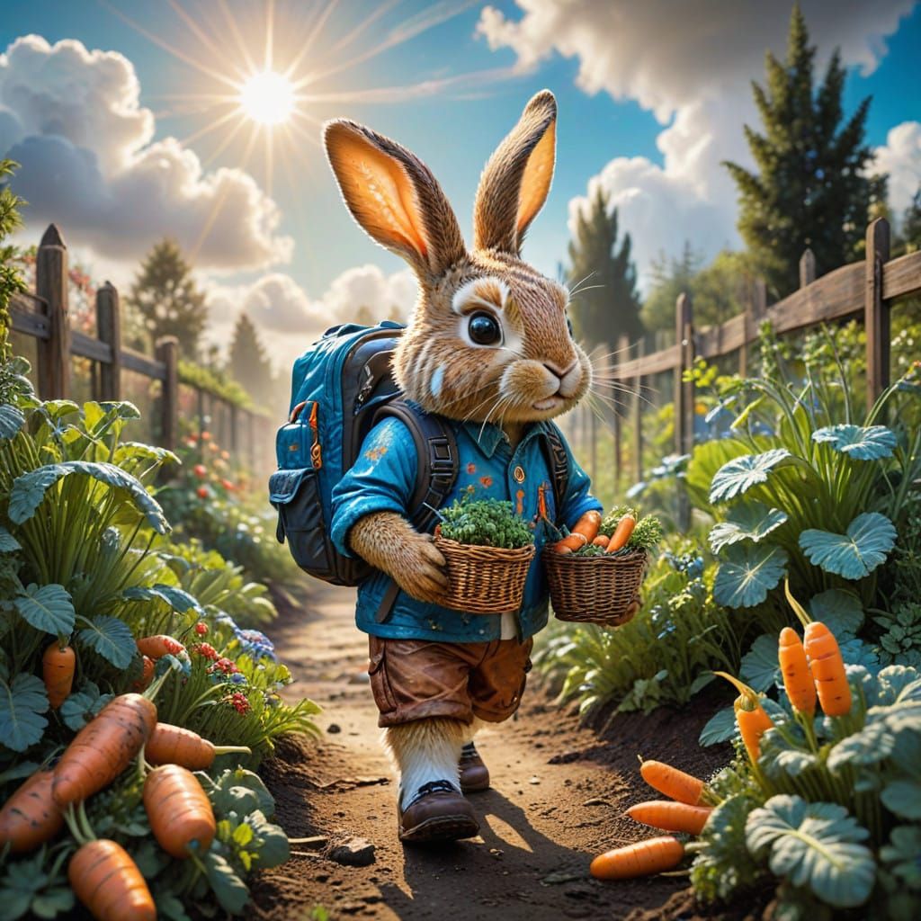 Whimsical Rabbit Strolls Through Sunny Carrot Garden