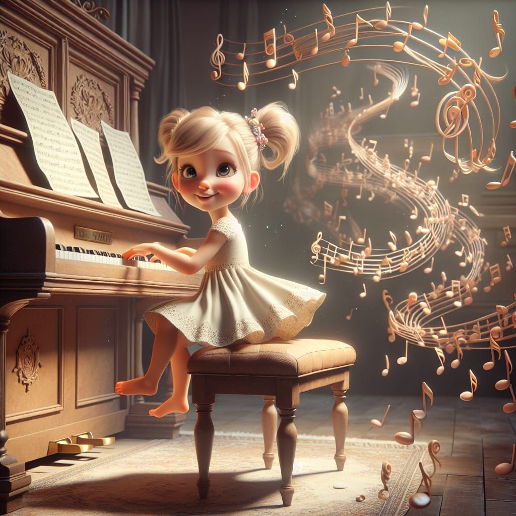 Musical Notes Dance Around a Piano