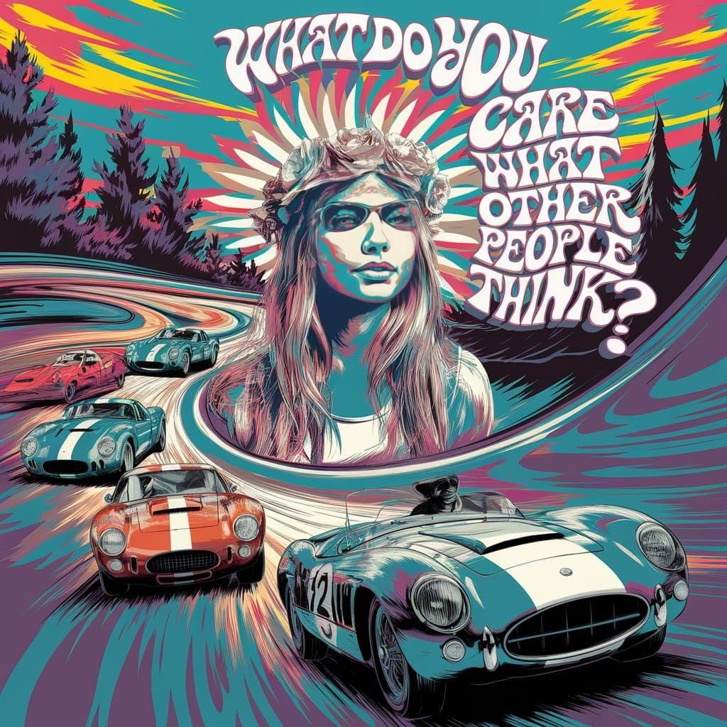 Psychedelic Girl with Racing Cars Poster Art