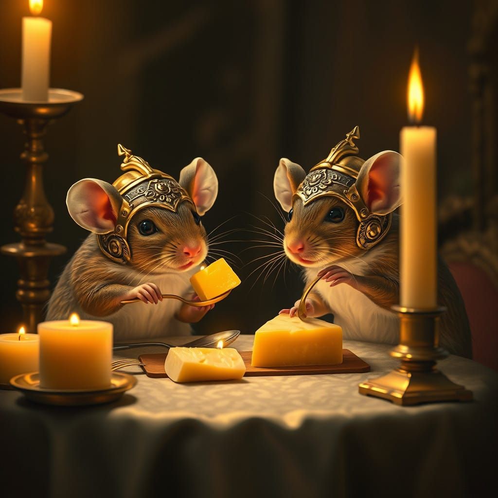 Mice Indulge in Golden Luxury at a Candlelit Feast