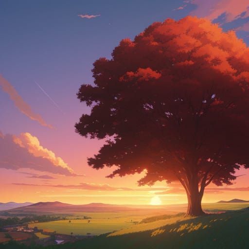 Crimson Sunset on Rolling Hills in Whimsical Style